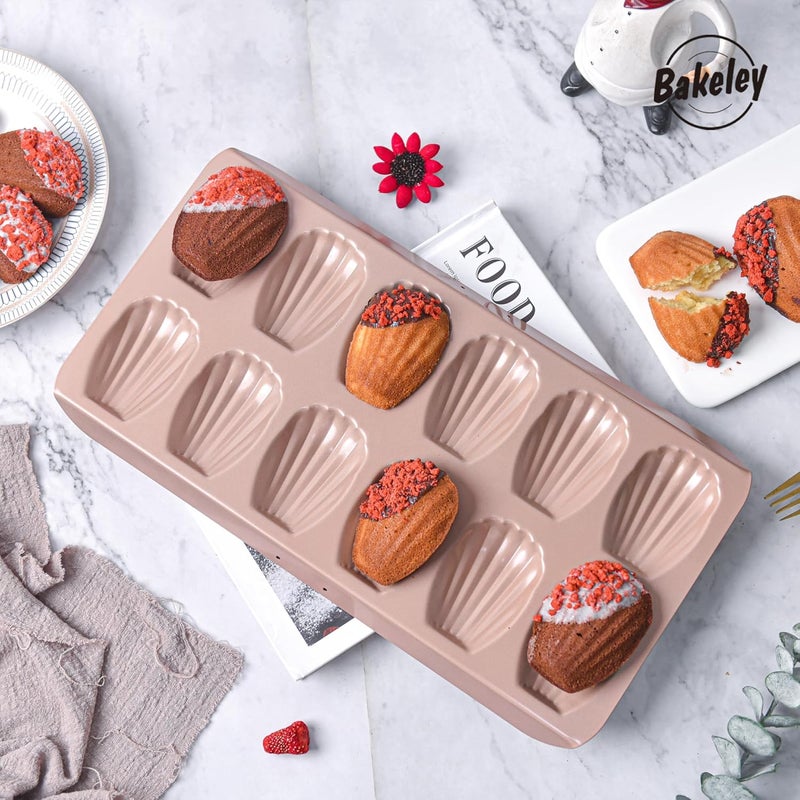 Bakeley Madeleine Pan, 12-Cavity Mold Cake Pan Non-Stick Oval Shell Madeline Bakeware for Oven Baking (Rose Gold) - Image 4
